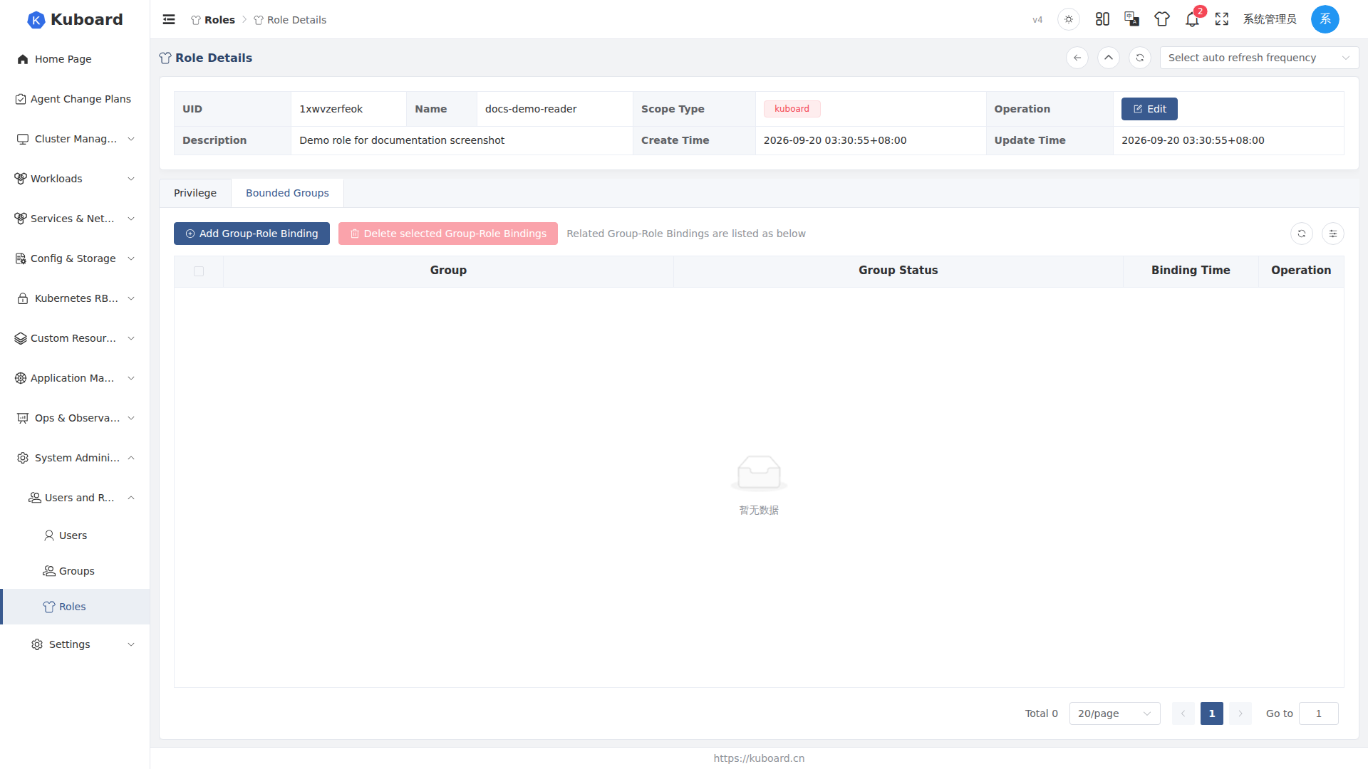 Role detail page, "Bounded Groups" tab
